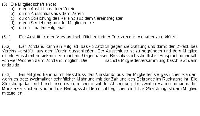 Textfeld: (5)	Die Mitgliedschaft endet	a) 	durch Austritt aus dem Verein		b) 	durch Ausschluss aus dem Verein	c) 	durch Streichung des Vereins aus dem Vereinsregister	d) 	durch Streichung aus der Mitgliederliste	e) 	durch Tod des Mitglieds.(5.1)	Der Austritt ist dem Vorstand schriftlich mit einer Frist von drei Monaten zu erklren.(5.2)	Der Vorstand kann ein Mitglied, das vorstzlich gegen die Satzung und damit den Zweck des Vereins verstt, aus dem Verein ausschlieen. Der Ausschluss ist zu begrnden und dem Mitglied mittels Einschreiben bekannt zu machen. Gegen diesen Beschluss ist schriftlicher Einspruch innerhalb von vier Wochen beim Vorstand mglich. Die 	nchste Mitgliederversammlung beschliet dann endgltig.(5.3)	Ein Mitglied kann durch Beschluss des Vorstands aus der Mitgliederliste gestrichen werden, wenn es trotz zweimaliger schriftlicher Mahnung mit der Zahlung des Beitrages im Rckstand ist. Die Streichung darf erst beschlossen werden, wenn seit der Absendung des zweiten Mahnschreibens drei Monate verstrichen sind und die Beitragsschulden nicht beglichen sind. Die Streichung ist dem Mitglied mitzuteilen.